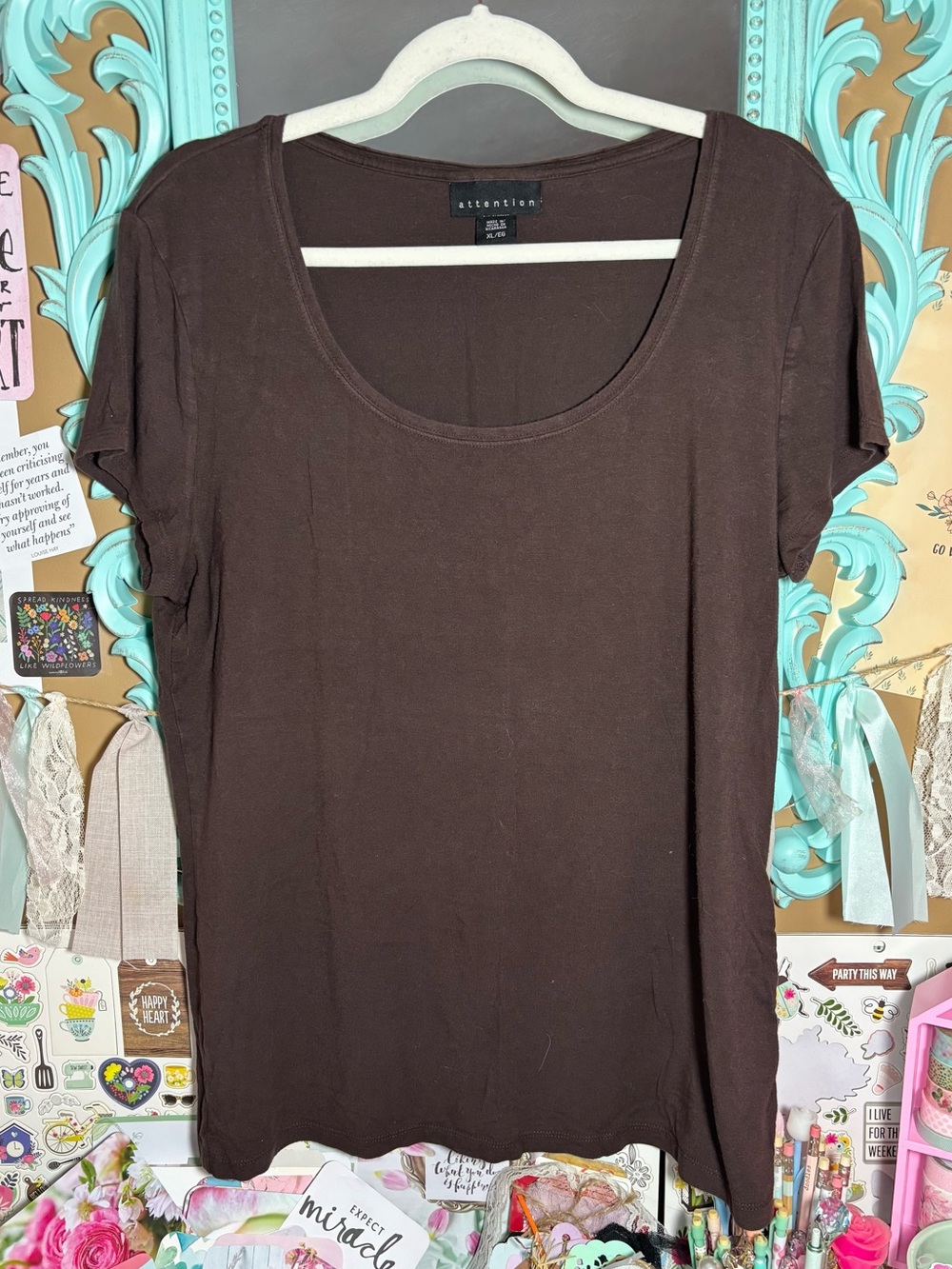 Attention Brown Short Sleeve Scoop Neck T-Shirt Top Women’s Size XL Fall Stretch